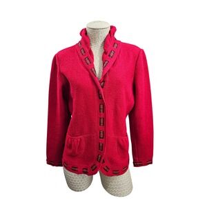 Coldwater Creek S Red Boiled Wool Cardigan Plaid Trim Jacket Sweater VINTAGE EUC